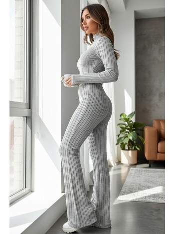 Kadın Gri Çizgili Boğazlı Crop Top Ve Yüksek Bel Pantolon Takım Kadın Gri Çizgili Boğazlı Crop Top Ve Yüksek Bel Pantolon Takım