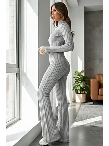 Kadın Gri Çizgili Boğazlı Crop Top Ve Yüksek Bel Pantolon Takım