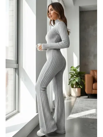 Kadın Gri Çizgili Boğazlı Crop Top Ve Yüksek Bel Pantolon Takım