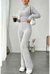 Kadın Gri Çizgili Boğazlı Crop Top Ve Yüksek Bel Pantolon Takım