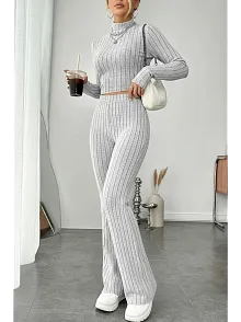 Kadın Gri Çizgili Boğazlı Crop Top Ve Yüksek Bel Pantolon Takım