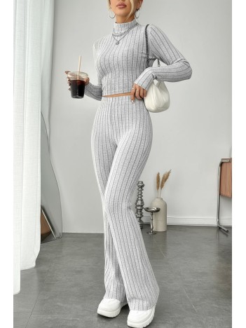 Kadın Gri Çizgili Boğazlı Crop Top Ve Yüksek Bel Pantolon Takım