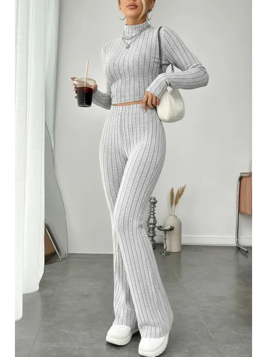 Kadın Gri Çizgili Boğazlı Crop Top Ve Yüksek Bel Pantolon Takım