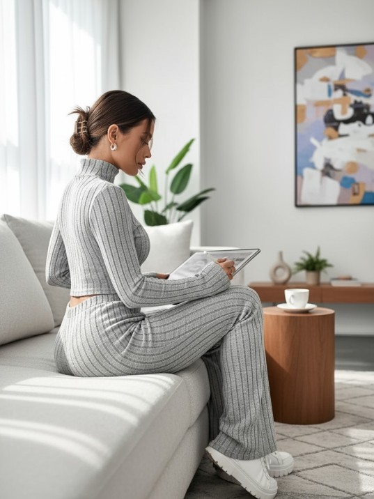 Kadın Gri Çizgili Boğazlı Crop Top Ve Yüksek Bel Pantolon Takım