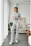 Kadın Gri Çizgili Boğazlı Crop Top Ve Yüksek Bel Pantolon Takım