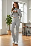 Kadın Gri Çizgili Boğazlı Crop Top Ve Yüksek Bel Pantolon Takım