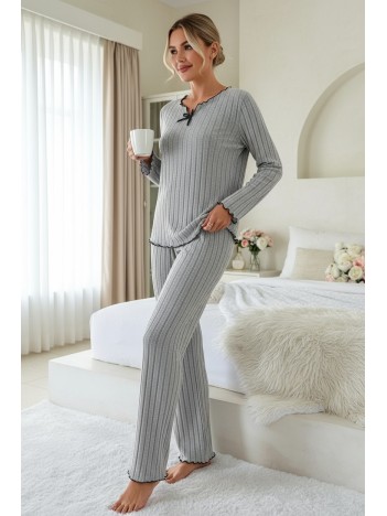 Kadın Gri Çizgili Uzun Kollu Fiyonk Detaylı Pijama Takımı Rahat Mevsimlik