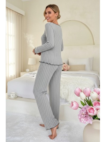 Kadın Gri Çizgili Uzun Kollu Fiyonk Detaylı Pijama Takımı Rahat Mevsimlik Kadın Gri Çizgili Uzun Kollu Fiyonk Detaylı Pijama Takımı Rahat Mevsimlik