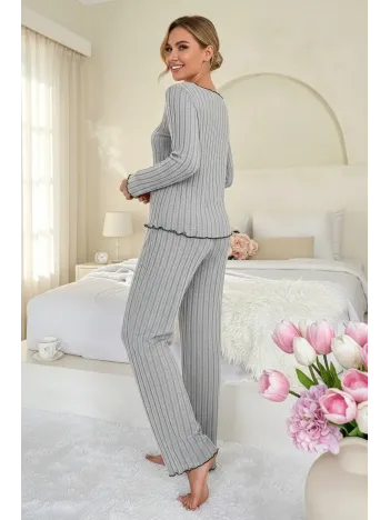 Kadın Gri Çizgili Uzun Kollu Fiyonk Detaylı Pijama Takımı Rahat Mevsimlik
