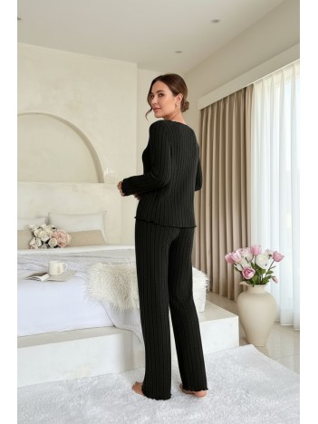 Kadın Siyah Uzun Kollu Fiyonklu Yuvarlak Yaka Mevsimlik Pijama Takımı Kadın Siyah Uzun Kollu Fiyonklu Yuvarlak Yaka Mevsimlik Pijama Takımı