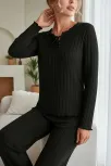 Kadın Siyah Uzun Kollu Fiyonklu Yuvarlak Yaka Mevsimlik Pijama Takımı