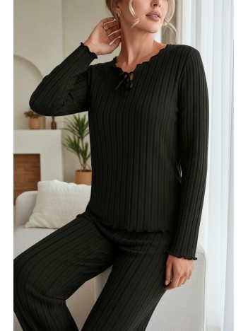 Kadın Siyah Uzun Kollu Fiyonklu Yuvarlak Yaka Mevsimlik Pijama Takımı