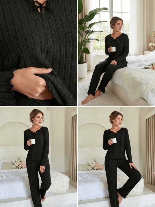 Kadın Siyah Uzun Kollu Fiyonklu Yuvarlak Yaka Mevsimlik Pijama Takımı Kadın Siyah Uzun Kollu Fiyonklu Yuvarlak Yaka Mevsimlik Pijama Takımı