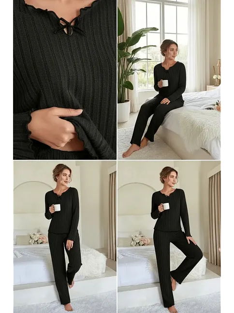 Kadın Siyah Uzun Kollu Fiyonklu Yuvarlak Yaka Mevsimlik Pijama Takımı
