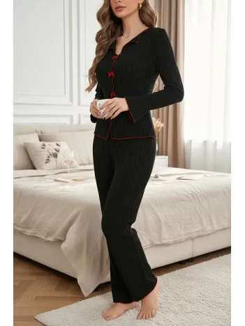 Kadın Siyah Kırmızı Biyeli Ve Fiyonklu Uzun Kollu Mevsimlik Pijama Takımı