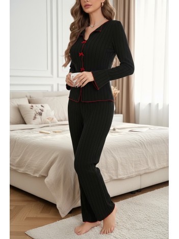 Kadın Siyah Kırmızı Biyeli Ve Fiyonklu Uzun Kollu Mevsimlik Pijama Takımı