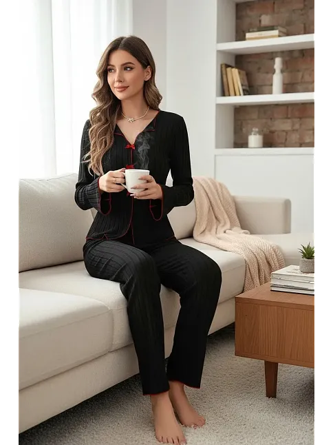 Kadın Siyah Kırmızı Biyeli Ve Fiyonklu Uzun Kollu Mevsimlik Pijama Takımı