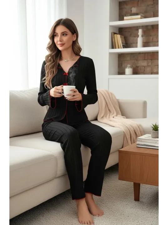 Kadın Siyah Kırmızı Biyeli Ve Fiyonklu Uzun Kollu Mevsimlik Pijama Takımı