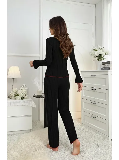 Kadın Siyah Kırmızı Biyeli Ve Fiyonklu Uzun Kollu Mevsimlik Pijama Takımı