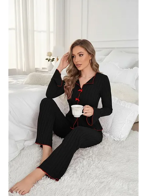 Kadın Siyah Kırmızı Biyeli Ve Fiyonklu Uzun Kollu Mevsimlik Pijama Takımı