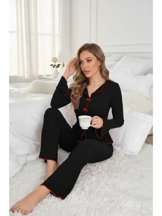 Kadın Siyah Kırmızı Biyeli Ve Fiyonklu Uzun Kollu Mevsimlik Pijama Takımı