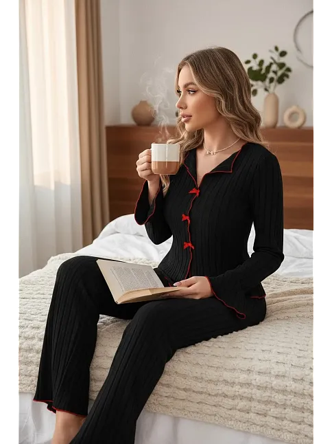Kadın Siyah Kırmızı Biyeli Ve Fiyonklu Uzun Kollu Mevsimlik Pijama Takımı