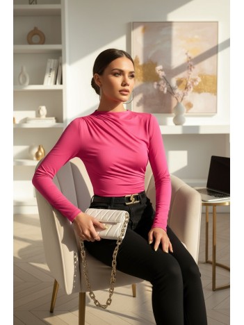 Kadın Fuşya Belden Ve Boyundan Büzgü Detaylı Uzun Kollu Bluz