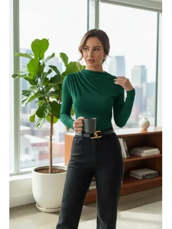 Kadın Yeşil Belden Ve Boyundan Büzgü Detaylı Uzun Kollu Bluz Kadın Yeşil Belden Ve Boyundan Büzgü Detaylı Uzun Kollu Bluz