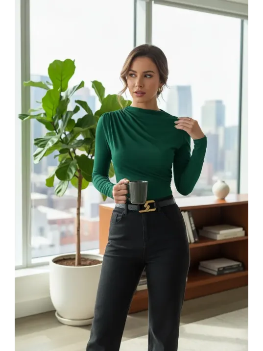 Kadın Yeşil Belden Ve Boyundan Büzgü Detaylı Uzun Kollu Bluz