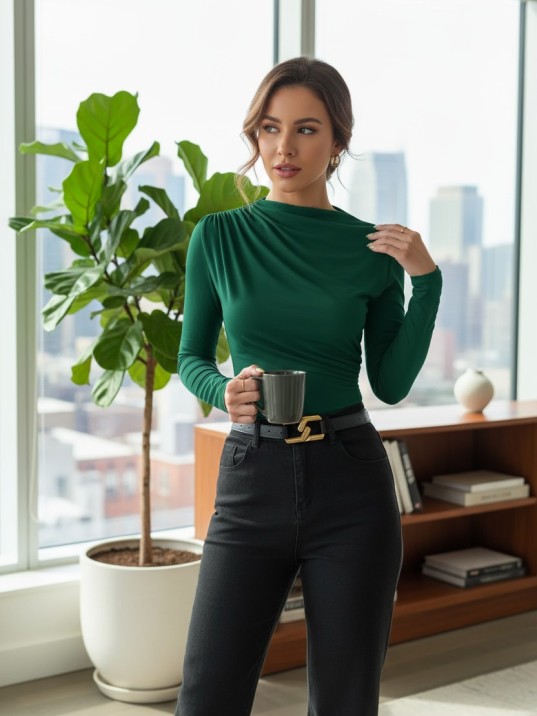 Kadın Yeşil Belden Ve Boyundan Büzgü Detaylı Uzun Kollu Bluz Kadın Yeşil Belden Ve Boyundan Büzgü Detaylı Uzun Kollu Bluz