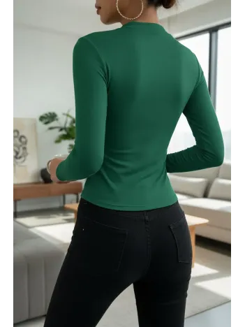 Kadın Yeşil Belden Ve Boyundan Büzgü Detaylı Uzun Kollu Bluz