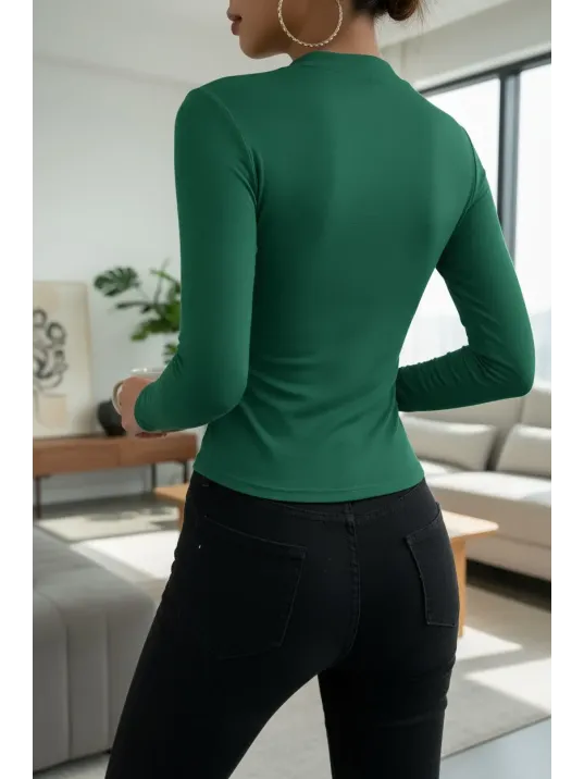 Kadın Yeşil Belden Ve Boyundan Büzgü Detaylı Uzun Kollu Bluz