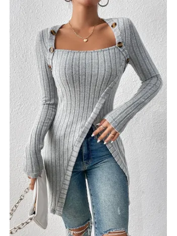Kadın Gri Düğme Detaylı Kare Yaka Fitilli Asimetrik Etekli Uzun Kollu Bluz