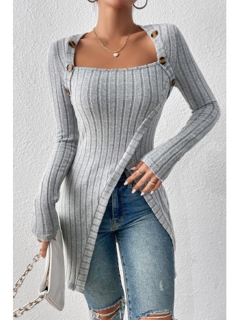 Kadın Gri Düğme Detaylı Kare Yaka Fitilli Asimetrik Etekli Uzun Kollu Bluz