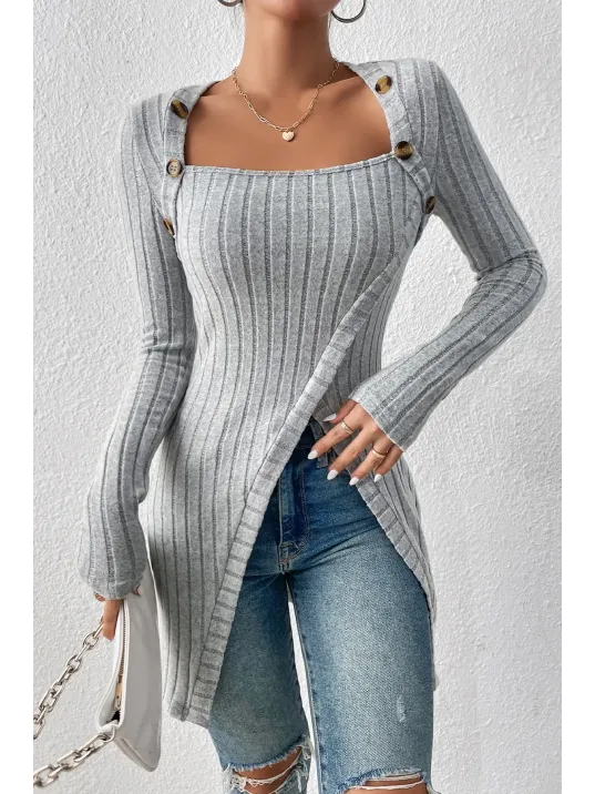 Kadın Gri Düğme Detaylı Kare Yaka Fitilli Asimetrik Etekli Uzun Kollu Bluz