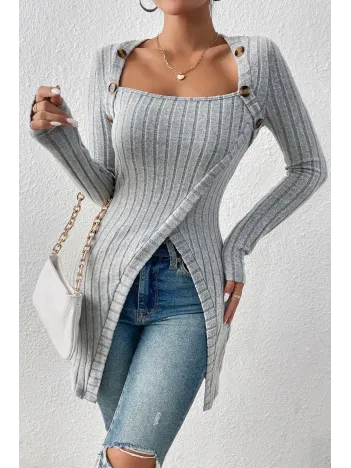 Kadın Gri Düğme Detaylı Kare Yaka Fitilli Asimetrik Etekli Uzun Kollu Bluz