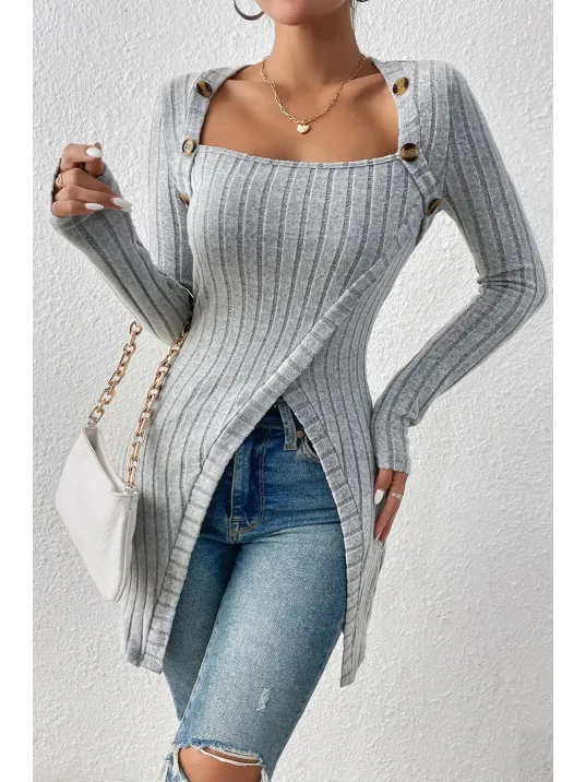 Kadın Gri Düğme Detaylı Kare Yaka Fitilli Asimetrik Etekli Uzun Kollu Bluz