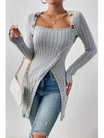 Kadın Gri Düğme Detaylı Kare Yaka Fitilli Asimetrik Etekli Uzun Kollu Bluz