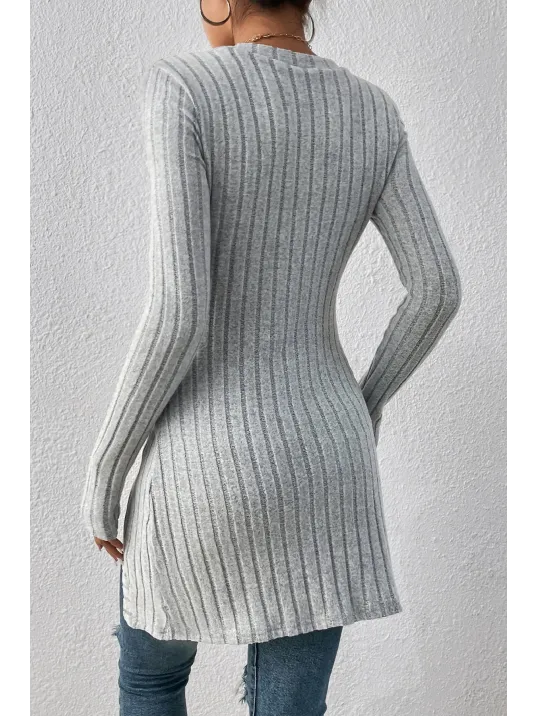 Kadın Gri Düğme Detaylı Kare Yaka Fitilli Asimetrik Etekli Uzun Kollu Bluz