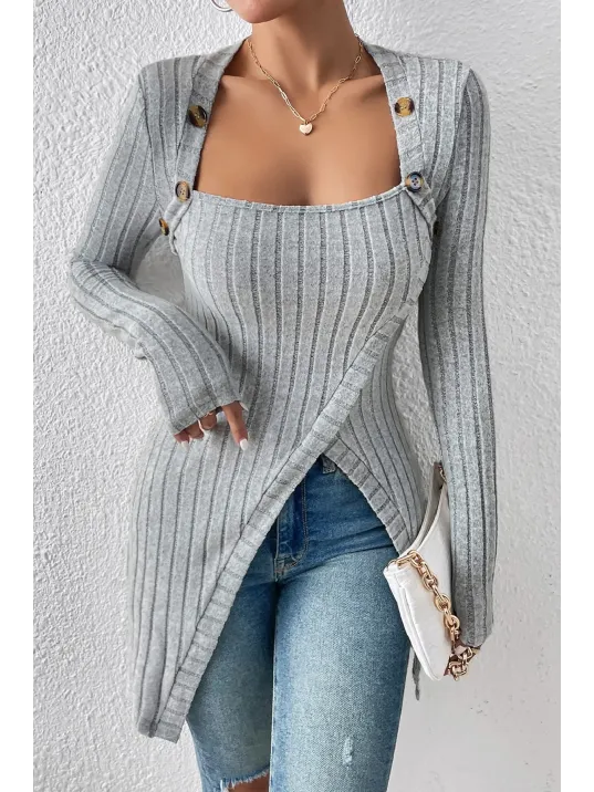 Kadın Gri Düğme Detaylı Kare Yaka Fitilli Asimetrik Etekli Uzun Kollu Bluz