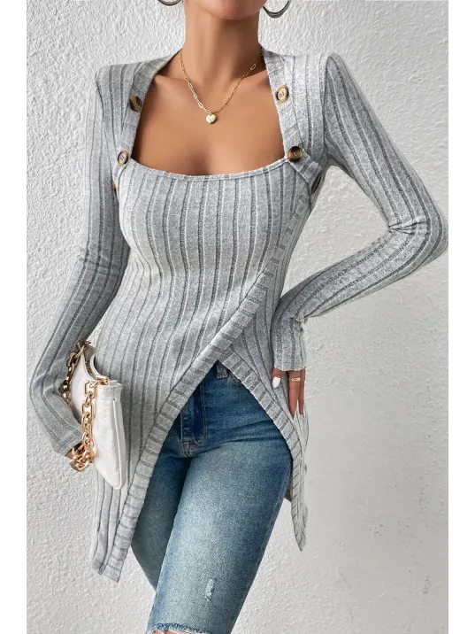 Kadın Gri Düğme Detaylı Kare Yaka Fitilli Asimetrik Etekli Uzun Kollu Bluz
