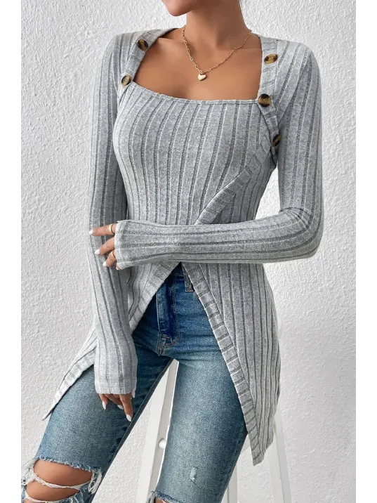 Kadın Gri Düğme Detaylı Kare Yaka Fitilli Asimetrik Etekli Uzun Kollu Bluz