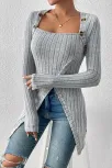 Kadın Gri Düğme Detaylı Kare Yaka Fitilli Asimetrik Etekli Uzun Kollu Bluz