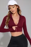 Kadın Bordo Uzun Kol Fermuarlı Parmak Geçme Detaylı Dik Yaka Crop Top Bluz Kadın Bordo Uzun Kol Fermuarlı Parmak Geçme Detaylı Dik Yaka Crop Top Bluz