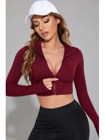 Kadın Bordo Uzun Kol Fermuarlı Parmak Geçme Detaylı Dik Yaka Crop Top Bluz