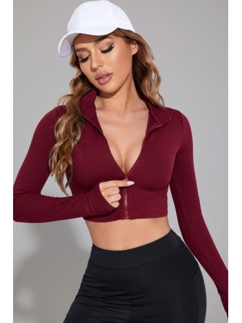 Kadın Bordo Uzun Kol Fermuarlı Parmak Geçme Detaylı Dik Yaka Crop Top Bluz