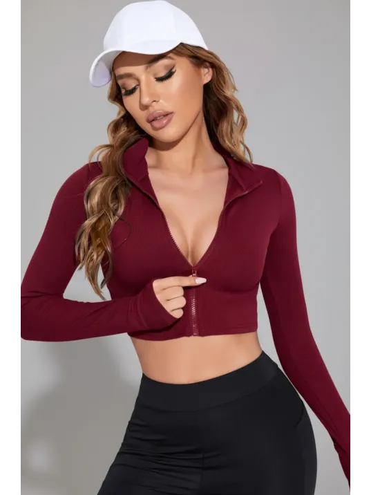 Kadın Bordo Uzun Kol Fermuarlı Parmak Geçme Detaylı Dik Yaka Crop Top Bluz Kadın Bordo Uzun Kol Fermuarlı Parmak Geçme Detaylı Dik Yaka Crop Top Bluz