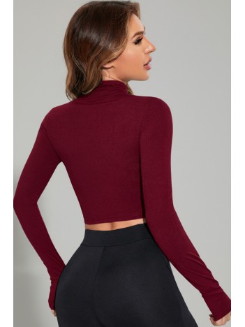 Kadın Bordo Uzun Kol Fermuarlı Parmak Geçme Detaylı Dik Yaka Crop Top Bluz Kadın Bordo Uzun Kol Fermuarlı Parmak Geçme Detaylı Dik Yaka Crop Top Bluz
