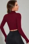 Kadın Bordo Uzun Kol Fermuarlı Parmak Geçme Detaylı Dik Yaka Crop Top Bluz
