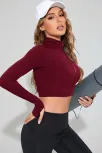 Kadın Bordo Uzun Kol Fermuarlı Parmak Geçme Detaylı Dik Yaka Crop Top Bluz